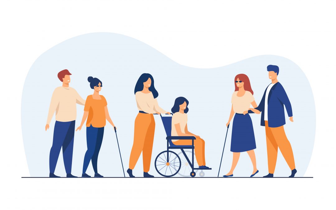 Desenho com três voluntários ajudando três pessoas com deficiências a se locomoverem